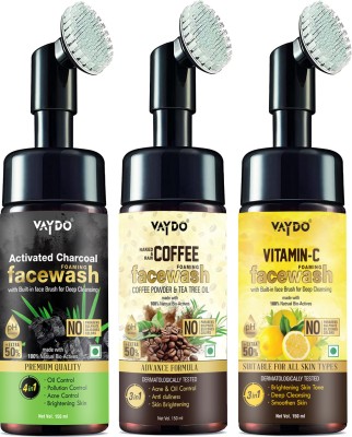 vaydo Charcoal + Coffee + Vitamin C Foaming  with Built-In Face Brush for Deep Cleansing – Brightening & smoothen Skin, Deep Cleansing, Anti Pollution Face wash No Parabens, Sulphate, Silicones & Color (3 Foamin Face wash) Face Wash(450 ml)