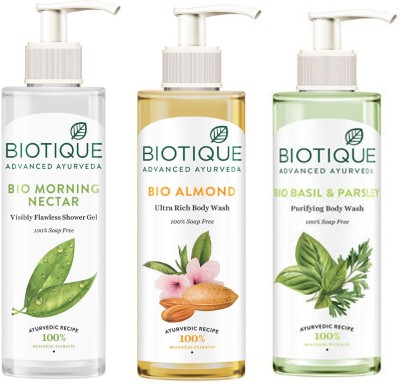 BIOTIQUE 1 MORING NECTAR SHOWER GEL (200 ML) + 1 ALMOND BODY WASH (200 ML) + 1 BASIL & PARSLEY BODY WASH Face Wash(200 ml)