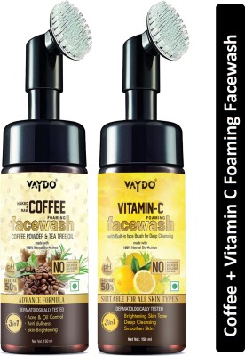 vaydo Coffee + Vitamin C Foaming  with Built-In Face Brush for Deep Cleansing – Brightening & smoothen Skin, Deep Cleansing, Anti Pollution Face wash No Parabens, Sulphate, Silicones & Color (2 Foaming Face wash) Face Wash(300 ml)