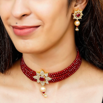 GEODE DELIGHT Brass Gold-plated Maroon Jewellery Set(Pack of 1)