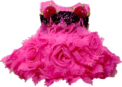 socho samjo Baby Girls Midi/Knee Length Festive/Wedding Dress(Pink, Sleeveless)