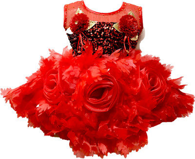 socho samjo Baby Girls Midi/Knee Length Festive/Wedding Dress(Red, Sleeveless)