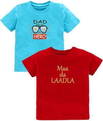 Kavee Baby Boys Printed Pure Cotton Regular T Shirt(Blue, Pack of 2)