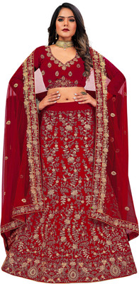 Shadow & Saining Embroidered Semi Stitched Lehenga Choli(Maroon)