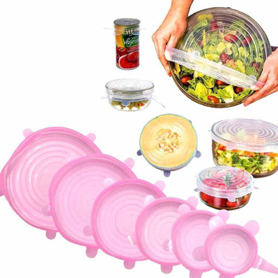 lockup Silicon Reusable Strech Elastic Cover Lids Seal for Bowls Dishes Utensils Glass Flexible Strechable Microwave Pink & Yellow 8.165574537258166 inch Lid Set, Pack of 6(Silicone)