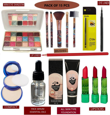 INWISH Stylish Beauty makeup kit ( with EYESHADOW,MAKEUP BRUSHES,KAJAL,EYELINER,LIPLINER,FACE POWDER,FOUNDATION,ESSENTIAL OIL FACE SERUM,LIPSTICKS) Set of 15 Pcs.(Pack of 15)