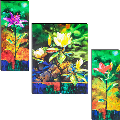 Indianara Set of 3 Multicolored Flowers MDF Art Painting (3074FL) without glass (4.5 X 12, 9 X 12, 4.5 X 12 INCH) Digital Reprint 12 inch x 18 inch Painting(With Frame, Pack of 3)