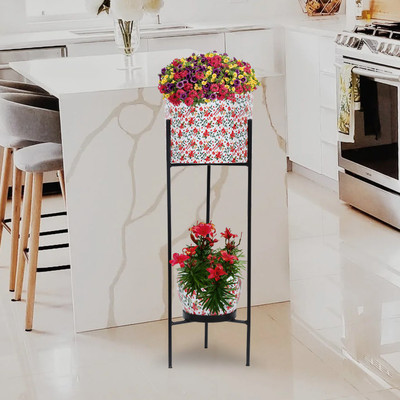 Kraft Seeds Dual Pot Stand with Metal Planters � White and Red Floral Print, (Model: KSMP1005D) Plant Container Set(Pack of 2, Metal)