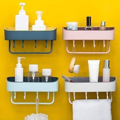 PRL TRADERS Multipurpose Plastic Kitchen Bathroom Shelf Wall Holder Storage Rack , Bathroom Rack Storage Box Strong Magic Sticker Shower Rack Shelf with 4 Hook Plastic Wall Shelf Plastic Wall Shelf(Number of Shelves - 1, Multicolor)