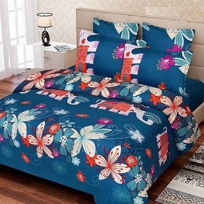KIDSCOLLECTIONS 140 TC Microfiber Double Self Design Flat Bedsheet(Pack of 1, Blue)