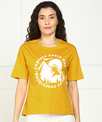PEOPLE Printed, Typography Women Round Neck Yellow T-Shirt
