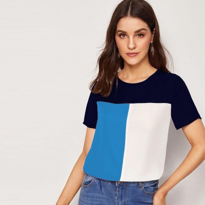 BASE 41 Colorblock Women Round Neck Dark Blue, White, Light Blue T-Shirt