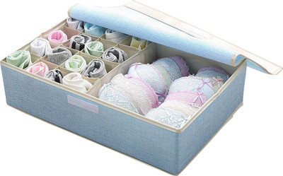 HOUSE OF QUIRK 15+1 Compartment Non-Smell Non Woven Linen Foldable Storage Box for Closet (Linen Blue)(Blue)