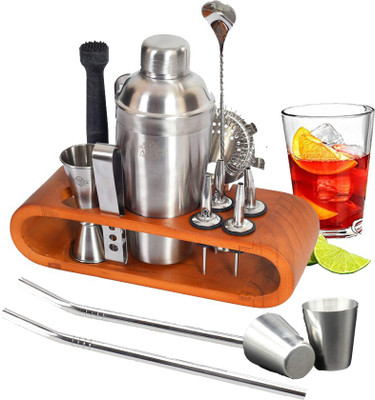 TALUKA 16-Piece Bar Tool Set with Stylish Bamboo Stand | Perfect Home Bartending Kit and Martini Cocktail Shaker Set for an Awesome Drink Mixing Experience (Silver) 16 - Piece Bar Set(Stainless Steel)