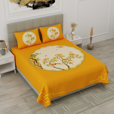 WAR TRADE Cotton Double Flat 144 TC Jaipuri Prints Bedsheet(Pack of 1, Yellow)