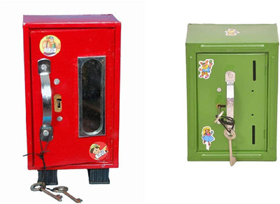crafthub Almirah Style Coin Box Piggy Bank Gullak for Kids 3 Compartments with 2 Keys Color May Vary (SET OF 2) Safe Locker(Key Lock)