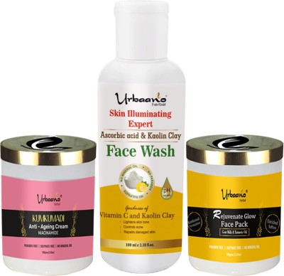 Urbaano Herbal Skin Care Combo Gift Face Pack Kumkumadi Anti Aging Cream (Niacinamide), Kumkumadi Skin Rejuvenating Face Pack (Goat Milk) & Vitamin C Skin Rejuvenating Wash to correct Wrinkles, Fine Lines & Improve Complexion - 100 gm each - Sulphate Free(3 Items in the set)