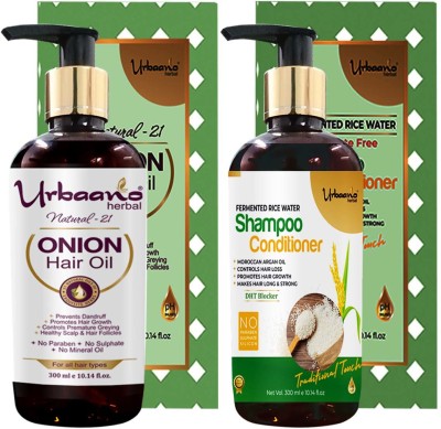 Urbaano Herbal Natural 21 Onion Hair Oil and Fermented Rice Extract Rich Shampoo - An Eco Combo for Hair Streanthing, Control Hair Fall & Hair Growth Formula - (Both Products are Free from Sulphate, Mineral Oil & Paraben) - For All Hair Types (300 ml Each)(2 Items in the set)