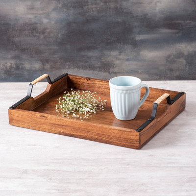 nestroots Tray Platter Wooden Serving Tray for home | Dining table decorative trays | Serving tray for party guests | Rectangle platter with handles (Brown Sheesham Wood with Iron Black with cane Handles) 15 X 12 Inches Tray