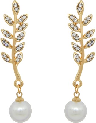 FRESH VIBES Fresh Vibes Gold Plated High Lustre Party Wear Leaf Shape Design Earrings for Girls - Stylish & Fancy Leaves Pattern Long Hanging Pearl Drop Ear Rings for Womens Alloy Drops & Danglers