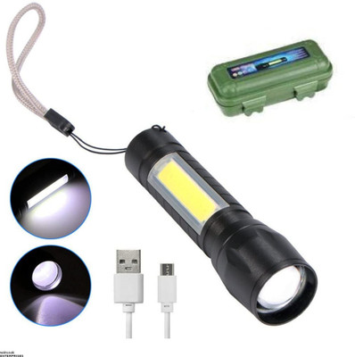 Nirvair High Power USB Rechargeable Long Range Led Torch Light Emergency Light+ Desk Light with 3 Adjustable Modes Zoom in Flashlight with Hanging Rope for Torch Keychain(Black) Pack of 1 3 hrs Torch Emergency Light(Black)