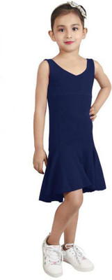 HEENA Girls Midi/Knee Length Casual Dress(Blue, Sleeveless)