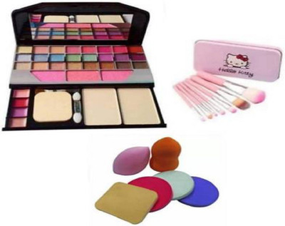 Zuen 6155 makeup kit set with 6 in 1 sponges and pack of 7 pink hllo ktty makeup brush with storage box(Pack of 3)
