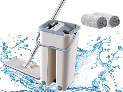 RUVI Mop Wet and Dry Magic Flat Bucket Mop with 2 Ultrafine fiber Cleaning Cloth Pads and Stainless Steel Handle.Magic Cleaner Self-Wring Squeeze Double Side Household Cleaning Automatic Drying Mop Set Mop Bucket, Mop Mop Head and Rod(Multicolor 15 m)