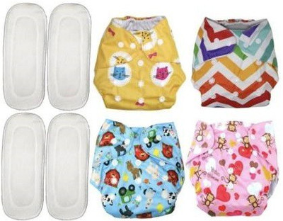 budum budum BABY BUTTON DIAPERS WASHABLE, REUSABLE, MULTI-DESIGNS PRINTED WITH INSERTS COMBO PACK - MULTICOLOR - WHITE