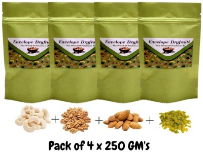 Envelope Dryfruits Premium Dry Fruits Combo Pack 1kg (Green Raisins, Cashew , Almonds , White Walnut Kernels ) Pack of 4 x 250 Grams Vaccum Pack Walnuts, Almonds, Raisins, Cashews(4 x 0.25 kg)