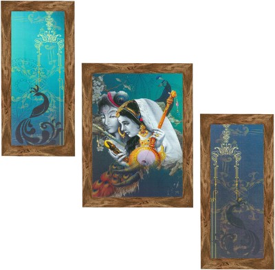 Indianara Set of 3 Lord Ganesha Framed Art Painting (2997WNT) without glass (6 X 13, 10.2 X 13, 6 X 13 INCH) Digital Reprint 13 inch x 10.2 inch Painting(With Frame, Pack of 3)
