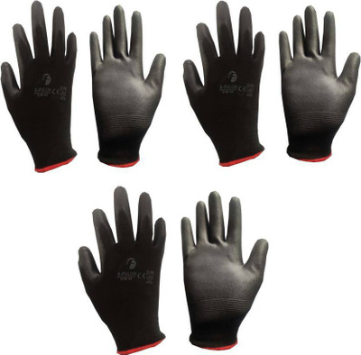 Arumart BLACK PU GLOVES PACK OF 3 PAIRS Polyester  Safety Gloves(Pack of 6)