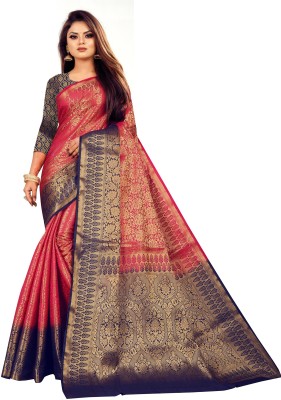 Rupatika Woven Kanjivaram Pure Silk, Cotton Silk Saree(Dark Blue, Pink)