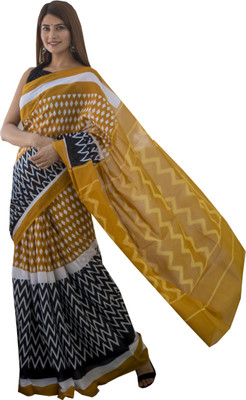 hastshilpi Printed, Color Block, Blocked Printed, Floral Print, Dyed Daily Wear Pure Cotton Saree(Yellow)
