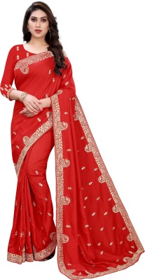 Om Shantam sarees Embroidered Bollywood Silk Blend Saree(Red)