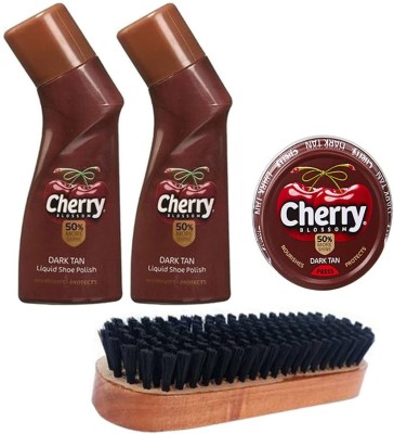 Cherry Blossom Dark Tan Liquid Shoe Polish 2X75ml & Dark Tan Press 40g With Shoe Brush (pack 4) Leather Shoe Liquid Polish(Tan)