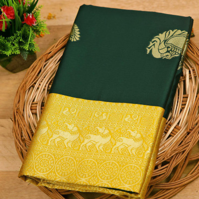 SHWENILA Solid/Plain Assam Silk Pure Silk Saree(Dark Green)