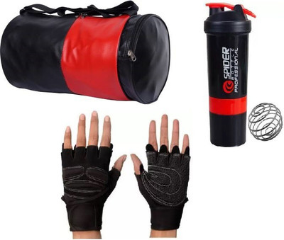 EMMCRAZ red & black gym bag with spider bottle and fitness gym gloves(Kit Bag)