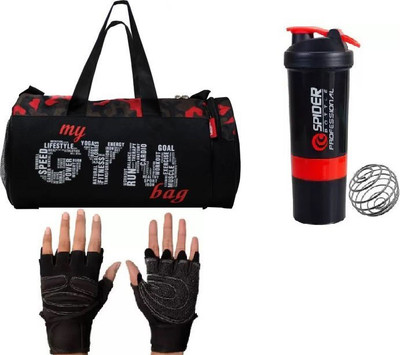 EMMCRAZ my red gym bag with spider bottle and fitness gym gloves(Kit Bag)