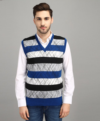 Fit N Fame Printed V Neck Casual Men Light Blue Sweater