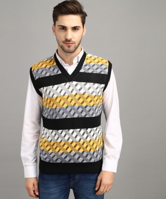 Fit N Fame Printed V Neck Casual Men Yellow Sweater