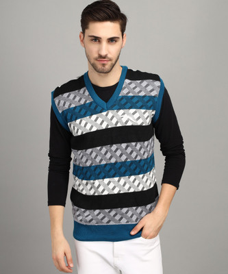 Trendy World Striped V Neck Casual Men Dark Blue, Black Sweater