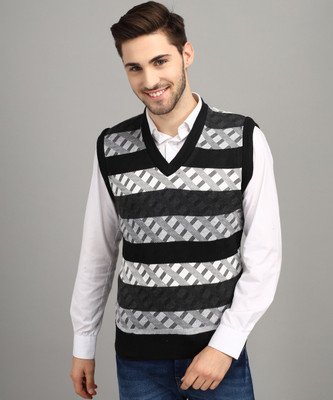 Fit N Fame Printed V Neck Casual Men Black Sweater