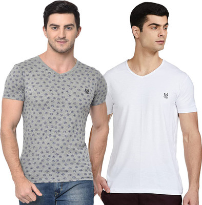 Jonney Color Block Men V Neck White, Dark Blue, Grey T-Shirt(Pack of 2)