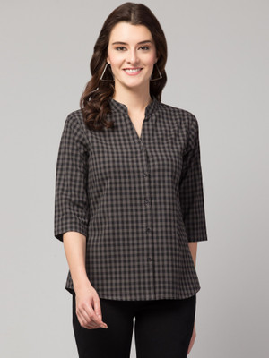 Hive91 Casual Checkered Women Grey Top