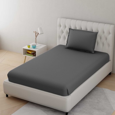 HELGA 210 TC Satin Single Striped Flat Bedsheet(Pack of 1, Gray)