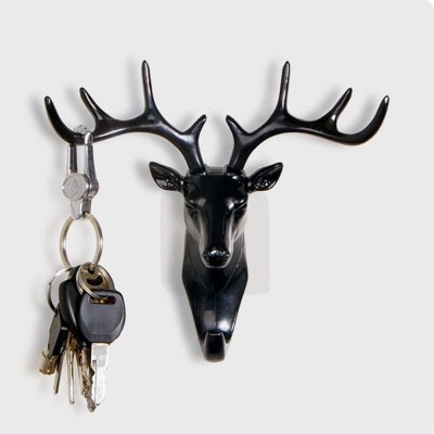 NL Traders Deer Head Hanging Hook, Self Adhesive Wall Door Hook Hanger Bag Keys Holder Plastic Key Holder(9 Hooks, Black)