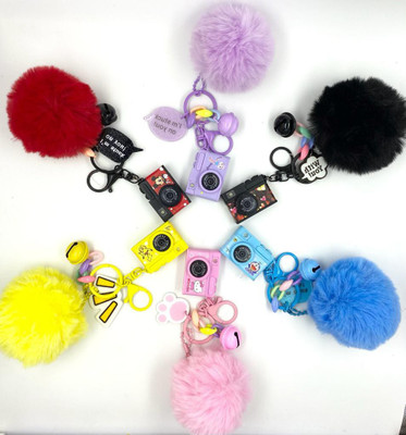 DSR Keychains & Keyrings Cartoon Characters Camera Keychains With Fur Pom Pom Keychain-RED Key Chain