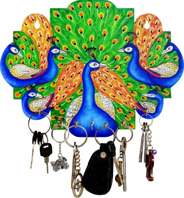 CAPIO ART PEACOCK DESIGN Wood Key Holder(7 Hooks, Multicolor)