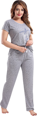 Attempt Women Printed Grey Top & Pyjama Set